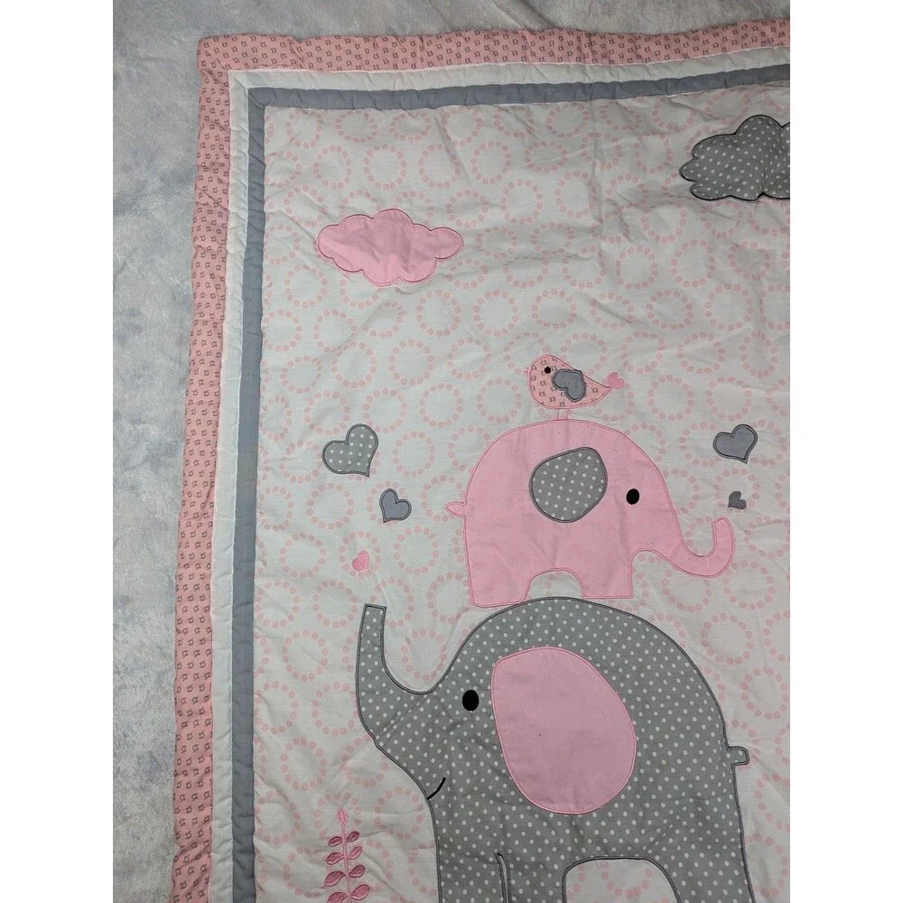 Optima Baby Quilt Poly cotton  35 X 43 Elephants Hearts Birds Blanket Pink gray